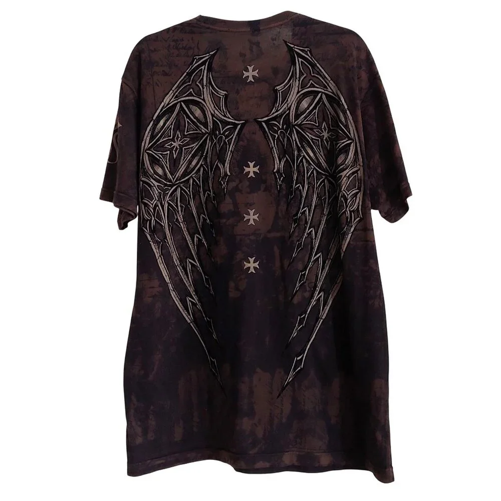 Saints By Affliction Garage Tattoo Grunge Biker Cross Angel Wings Men T-Shirt L - Picture 3 of 12